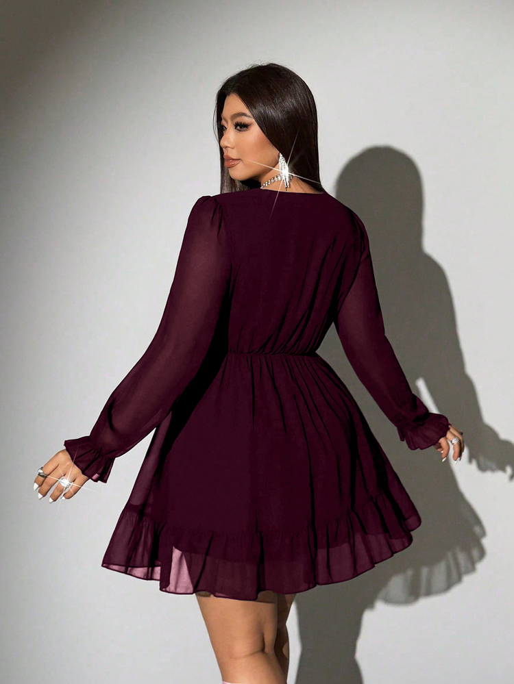Viva Relle Plus Size Women Solid Color Deep V-Neck Long Sleeve Ruffle Hem Sexy Dress Fall - Red Violet - View 7