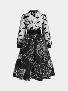 Sweetra Plus Size Halloween Bat Mesh Patchwork Spider Web Print Dress - Black - View 2
