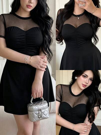 Vibekara Gaun Pendek Ukuran Plus Motif Polkadot Renda Minimalis Seksi Gaya Hot Girl, Gaun Pendek A-Line Ramping dengan Garis Leher Hati, Gaun Hot Girl Transparan dengan Pinggang Ramping, Gaun Pendek Musim Panas Minimalis Ramping Elegan untuk Perjalanan Sehari-hari Ukuran Plus