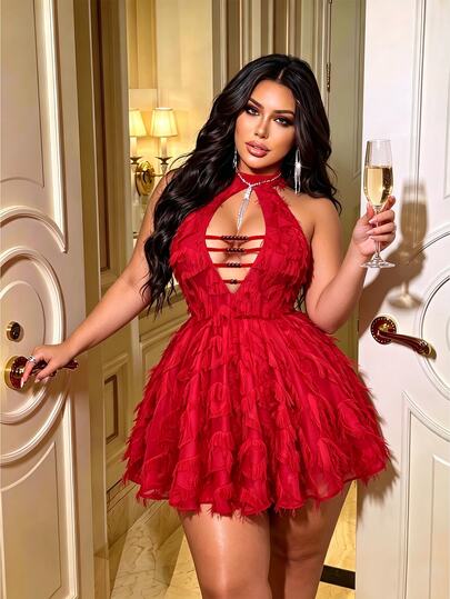 NU&NOW Plus Size Burgundy Feather Tassel Halter Neck Dress For Women, Sexy Style, Deep V-Neck, Hollow Out, Pearl Tie Waist, Fluffy Short Birthday Party Dress