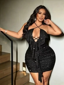 NU&NOW Gaun Bodycon Elegan Wanita Ukuran Plus Musim Semi/Panas Warna Ungu dengan Tali Pengikat, Leher Halter Silang, dan Hem Berumbai - Hitam - View 3