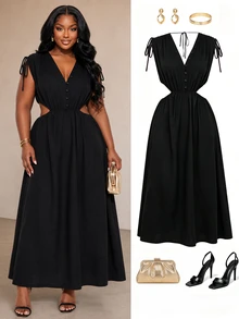 Poshavie Poshavie Plus-Size Elegant Dress, Stretch Waist With Side Cutouts And V-Neck, Perfect For Going Out. - Black - View 1
