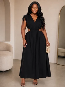 Poshavie Poshavie Plus-Size Elegant Dress, Stretch Waist With Side Cutouts And V-Neck, Perfect For Going Out. - Black - View 2