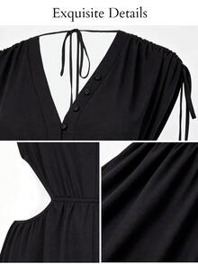 Poshavie Poshavie Plus-Size Elegant Dress, Stretch Waist With Side Cutouts And V-Neck, Perfect For Going Out. - Black - View 6