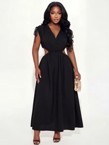 Poshavie Poshavie Plus-Size Elegant Dress, Stretch Waist With Side Cutouts And V-Neck, Perfect For Going Out. - Black - View 4