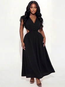Poshavie Poshavie Plus-Size Elegant Dress, Stretch Waist With Side Cutouts And V-Neck, Perfect For Going Out. - Black - View 5