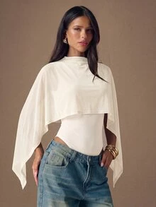 SHEIN BAE 女士斜肩荷叶边层叠雪纺衬衫，优雅上衣，简约时尚上衣 - 杏色 - 查看 5