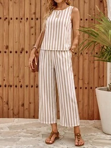 EMERY ROSE Women's Blue And White Striped Top And Pants Casual Boho French European Sequence Coastal Daily Vacation 2 Pieces Set Summer Going Out Outfits Brunch - Multicolor - View 9