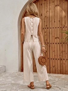 EMERY ROSE Women's Blue And White Striped Top And Pants Casual Boho French European Sequence Coastal Daily Vacation 2 Pieces Set Summer Going Out Outfits Brunch - Multicolor - View 3