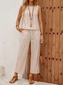 EMERY ROSE Women's Blue And White Striped Top And Pants Casual Boho French European Sequence Coastal Daily Vacation 2 Pieces Set Summer Going Out Outfits Brunch - Multicolor - View 5