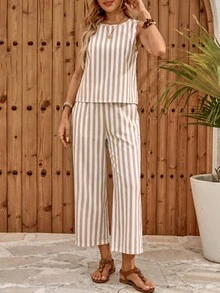 EMERY ROSE Women's Blue And White Striped Top And Pants Casual Boho French European Sequence Coastal Daily Vacation 2 Pieces Set Summer Going Out Outfits Brunch - Multicolor - View 7
