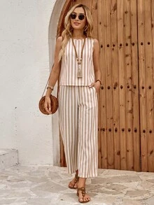 EMERY ROSE Women's Blue And White Striped Top And Pants Casual Boho French European Sequence Coastal Daily Vacation 2 Pieces Set Summer Going Out Outfits Brunch - Multicolor - View 6