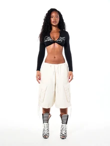 SUMWON WOMEN Long Sleeve Twist Front Plunge Neck Crop Top With Script Print Detail, Perfect For Spring Summer Night Out - Black - View 3