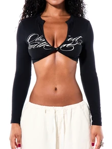 SUMWON WOMEN Long Sleeve Twist Front Plunge Neck Crop Top With Script Print Detail, Perfect For Spring Summer Night Out - Black - View 5