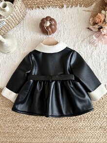 SHEIN Baby Girl Autumn/Winter Cute Versatile Colorblock Thermal Lined Faux Fur Jacket - Black and White - View 6