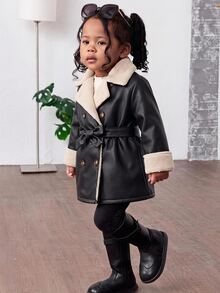 SHEIN Baby Girl Autumn/Winter Cute Versatile Colorblock Thermal Lined Faux Fur Jacket - Black and White - View 1