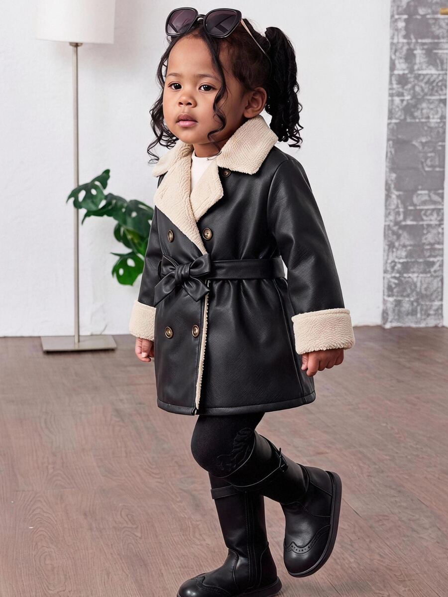 SHEIN Baby Girl Autumn/Winter Cute Versatile Colorblock Thermal Lined Faux Fur Jacket - Black and White - View 1