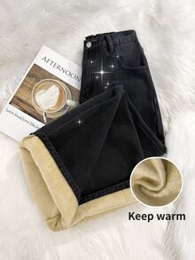 SHEIN 青少年女孩秋冬黑色羊毛滾邊保暖加厚寬鬆牛仔褲，適合上學穿著 - 黑色 - 查看 7