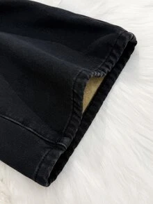 SHEIN 青少年女孩秋冬黑色羊毛滾邊保暖加厚寬鬆牛仔褲，適合上學穿著 - 黑色 - 查看 5