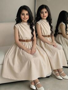SHEIN 女童立領百褶設計休閒無袖洋裝 7歲生日夏季款 - 彩色 - 查看 3