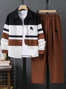 SHEIN 2pcs Kids Tween Boy Casual Long Sleeve Collared Shirt Jacket & Pants Set, Y2K, Suitable For Fall/Winter, School, Family Gathering, Back To School, Sports, FallOutfit, WinterOutfit - Multicolor - View 3