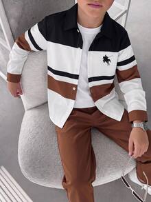 SHEIN 2pcs Kids Tween Boy Casual Long Sleeve Collared Shirt Jacket & Pants Set, Y2K, Suitable For Fall/Winter, School, Family Gathering, Back To School, Sports, FallOutfit, WinterOutfit - Multicolor - View 2