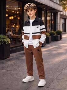SHEIN 2pcs Kids Tween Boy Casual Long Sleeve Collared Shirt Jacket & Pants Set, Y2K, Suitable For Fall/Winter, School, Family Gathering, Back To School, Sports, FallOutfit, WinterOutfit - Multicolor - View 1