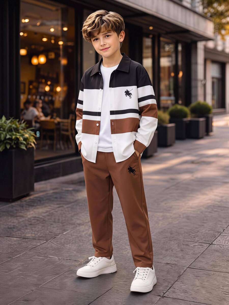 SHEIN 2pcs Kids Tween Boy Casual Long Sleeve Collared Shirt Jacket & Pants Set, Y2K, Suitable For Fall/Winter, School, Family Gathering, Back To School, Sports, FallOutfit, WinterOutfit - Multicolor - View 1