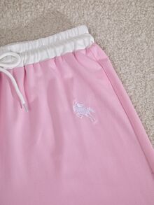 SHEIN 青少年女孩秋季套裝 2件/套 圓領撞色長袖T恤與長褲套裝，秋季，休閒，穿搭 - 粉色 - 查看 11