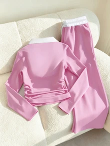 SHEIN 青少年女孩秋季套裝 2件/套 圓領撞色長袖T恤與長褲套裝，秋季，休閒，穿搭 - 粉色 - 查看 4