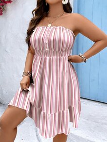 Ceyna 大尺碼女款白色波西米亞風花卉印花裝飾鈕扣抹胸夏季洋裝，收腰設計，適合海灘度假、辦公商務穿搭，可愛全印花 - 粉色 - 查看 6