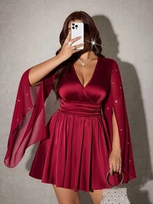 Viva Relle Party Plus Size Fashion Elegant Sequin Bell Sleeve Dress - Red Violet - View 5