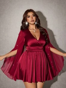 Viva Relle Party Plus Size Fashion Elegant Sequin Bell Sleeve Dress - Red Violet - View 7