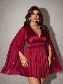 Viva Relle Party Plus Size Fashion Elegant Sequin Bell Sleeve Dress - Red Violet - View 6