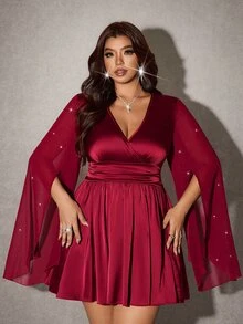 Viva Relle Party Plus Size Fashion Elegant Sequin Bell Sleeve Dress - Red Violet - View 2