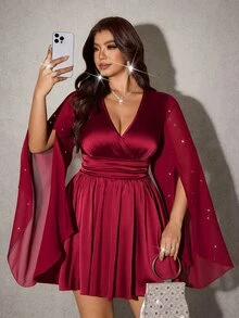Viva Relle Party Plus Size Fashion Elegant Sequin Bell Sleeve Dress - Red Violet - View 1