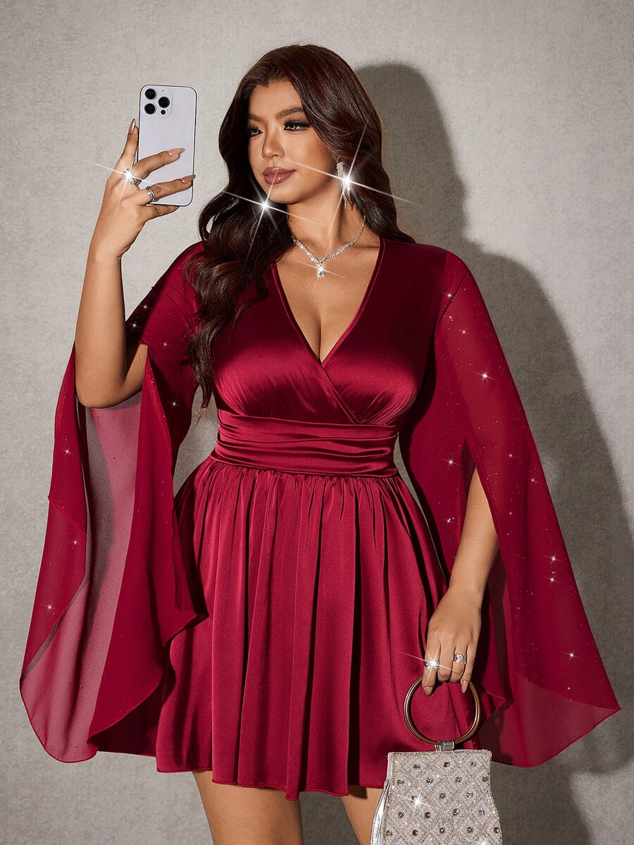 Viva Relle Party Plus Size Fashion Elegant Sequin Bell Sleeve Dress - Red Violet - View 1