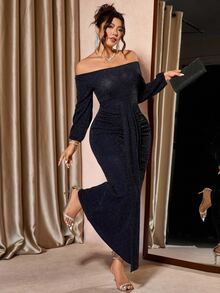 Cravure Plus Size Black Off-Shoulder Dress, Elegant & Sexy For Party, Banquet, Autumn/Winter Fall - Navy Blue - View 4