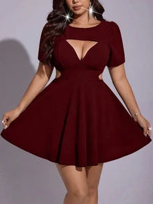 Viva Relle Plus Size Women's Sexy Solid Color Hollow Waist Dress - Burgundy - View 2
