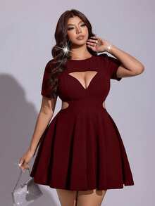 Viva Relle Plus Size Women's Sexy Solid Color Hollow Waist Dress - Burgundy - View 6