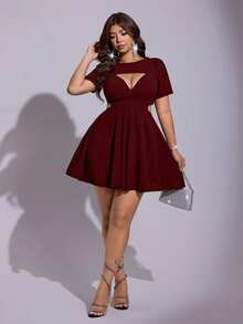 Viva Relle Plus Size Women's Sexy Solid Color Hollow Waist Dress - Burgundy - View 3