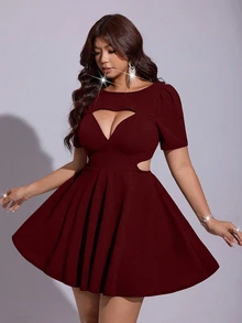 Viva Relle Plus Size Women's Sexy Solid Color Hollow Waist Dress - Burgundy - View 1