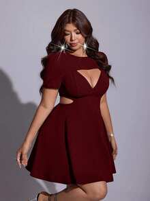 Viva Relle Plus Size Women's Sexy Solid Color Hollow Waist Dress - Burgundy - View 5