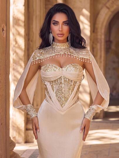 Glamrae Elegant Luxurious Champagne Gold Elastic Lace & Shimmer Fabric Patchwork 2 Pieces Set, Beaded Decor, Side-Boob Coverage, Ruched Waist, Mermaid Floor-Length Skirt, Suitable For Wedding, Bachelorette Party, Vacation Ball, Evening Gala, Exhibition, Business, Birthday Party, Graduation Ceremony, Cocktail Party