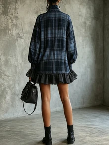 Glimmora Vintage Navy Plaid Mock Neck Loose Mid-Length Mesh Patchwork Plus Size Women's Long Sleeve Dress - Multicolor - View 2