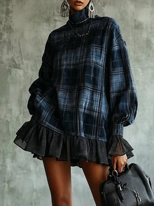Glimmora Vintage Navy Plaid Mock Neck Loose Mid-Length Mesh Patchwork Plus Size Women's Long Sleeve Dress - Multicolor - View 3