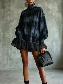 Glimmora Vintage Navy Plaid Mock Neck Loose Mid-Length Mesh Patchwork Plus Size Women's Long Sleeve Dress - Multicolor - View 1
