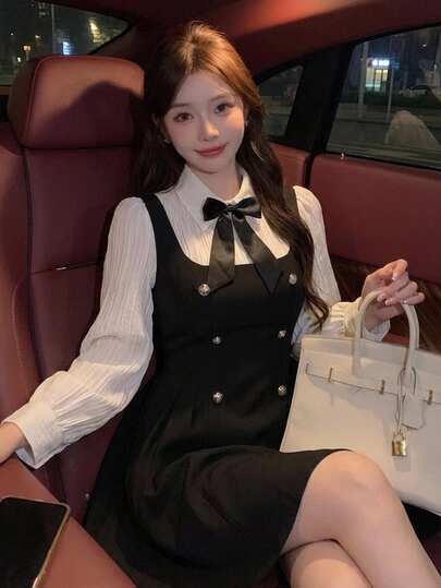 Vibekara 캐주얼 우아한 미니멀리스트 프렌치 퓨어 디자이어 스위트 블랙 & 화이트 2 인 1 드레스, 리본 & 버튼 장식, 아메리칸 프레피 스타일, 허리 밴딩, A라인 플리츠 무릎 길이 숏 드레스, 여성용, 플러스 사이즈, 봄 가을 사계절