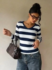 SHEIN Kids Tween Girl Striped Embroidered Simple Fashion Back To School Comfortable Long Sleeve Top Fall/Winter - Multicolor - View 4