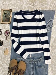 SHEIN Kids Tween Girl Striped Embroidered Simple Fashion Back To School Comfortable Long Sleeve Top Fall/Winter - Multicolor - View 11